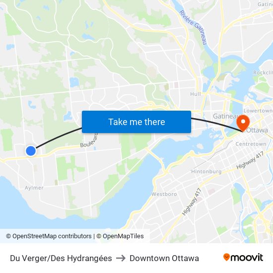 Du Verger/Des Hydrangées to Downtown Ottawa map