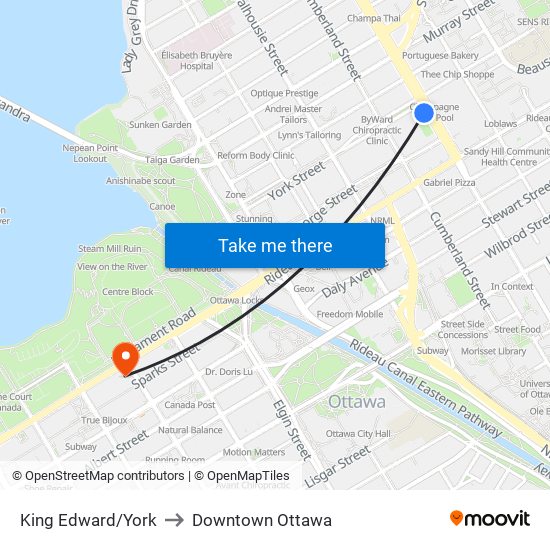 King Edward/York to Downtown Ottawa map