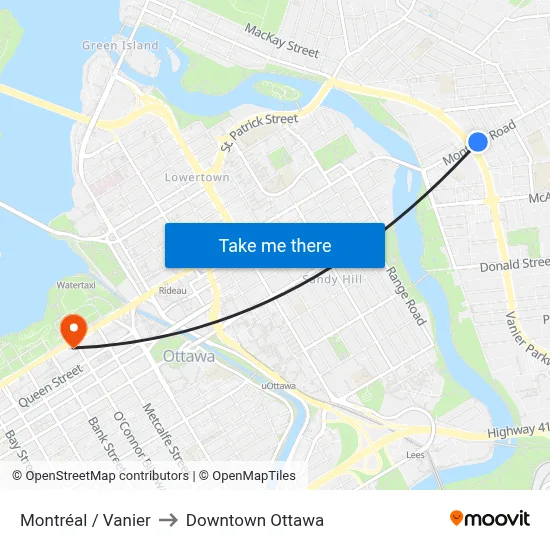 Montréal / Vanier to Downtown Ottawa map