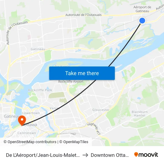 De L'Aéroport/Jean-Louis-Malette to Downtown Ottawa map