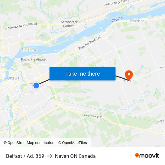 Belfast / Ad. 869 to Navan ON Canada map