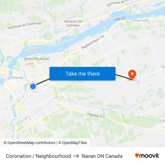 Coronation / Neighbourhood to Navan ON Canada map
