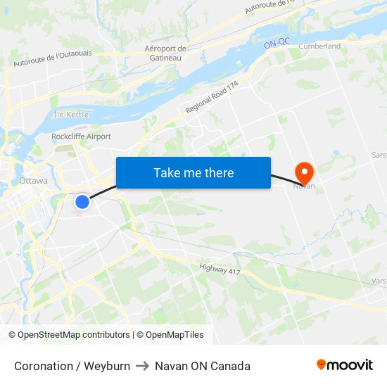 Coronation / Weyburn to Navan ON Canada map