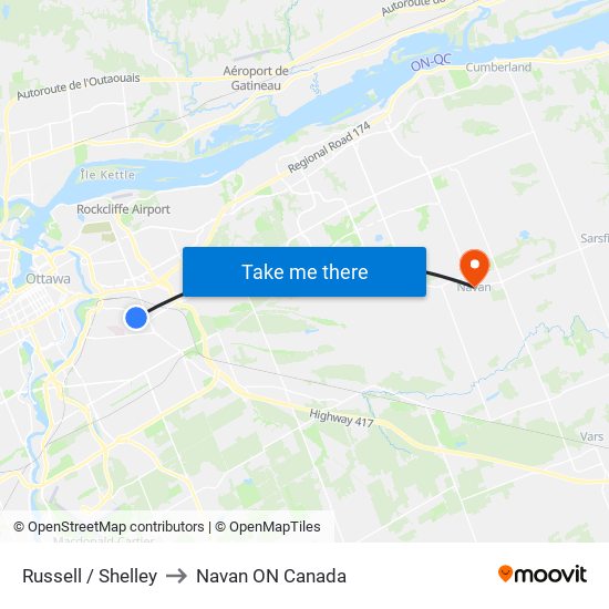 Russell / Shelley to Navan ON Canada map