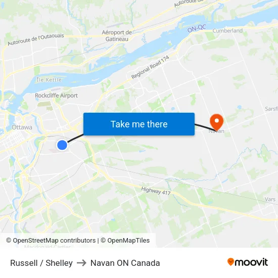 Russell / Shelley to Navan ON Canada map