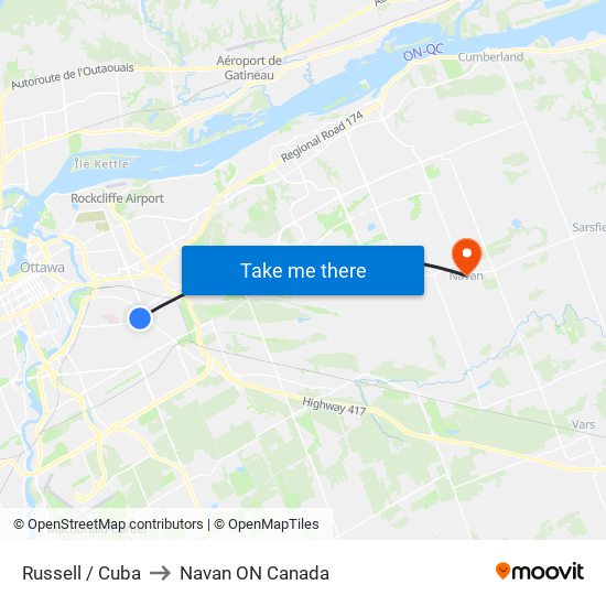 Russell / Cuba to Navan ON Canada map