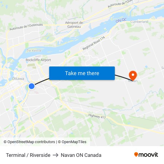 Terminal / Riverside to Navan ON Canada map