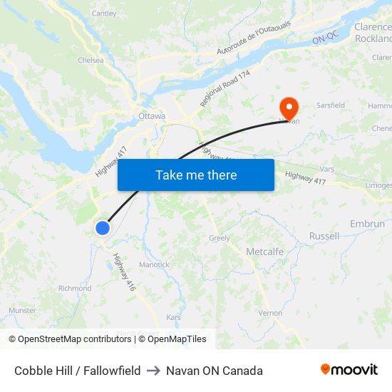 Cobble Hill / Fallowfield to Navan ON Canada map
