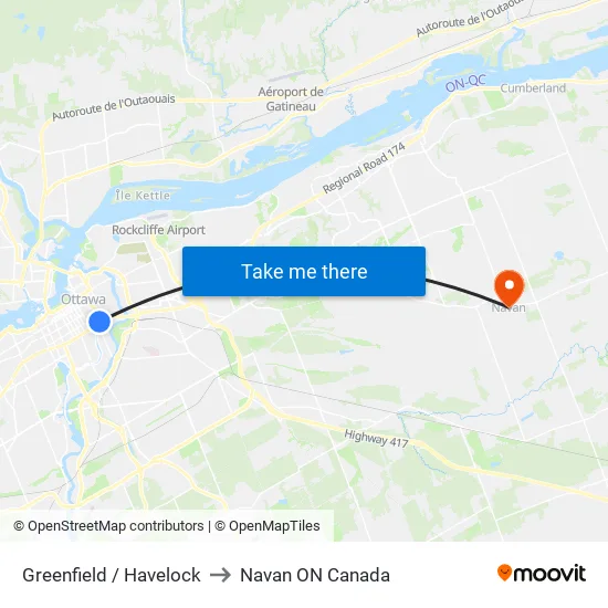 Greenfield / Havelock to Navan ON Canada map