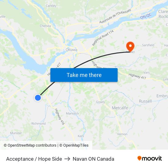 Acceptance / Hope Side to Navan ON Canada map