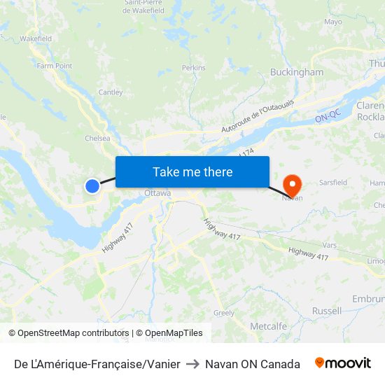 De L'Amérique-Française/Vanier to Navan ON Canada map