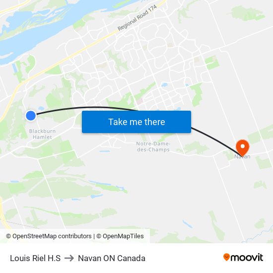 Louis Riel H.S to Navan ON Canada map