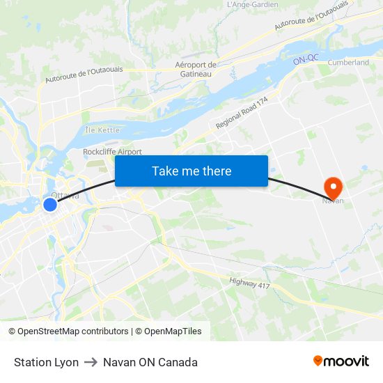 Station Lyon to Navan ON Canada map