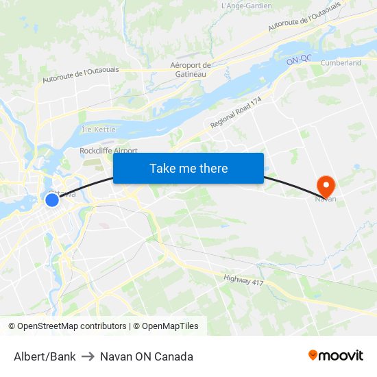 Albert/Bank to Navan ON Canada map