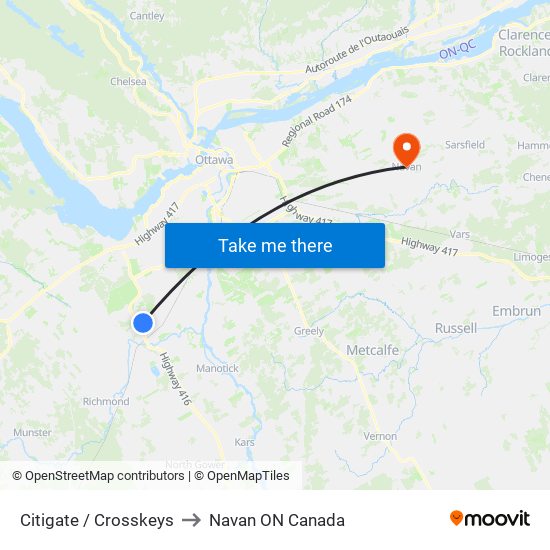 Citigate / Crosskeys to Navan ON Canada map