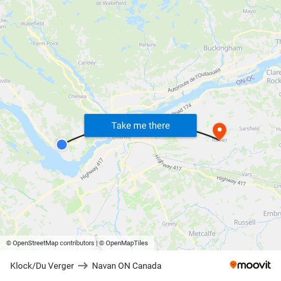 Klock/Du Verger to Navan ON Canada map