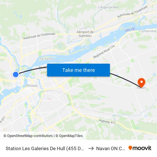 Station Les Galeries De Hull (455 De La Carrière) to Navan ON Canada map