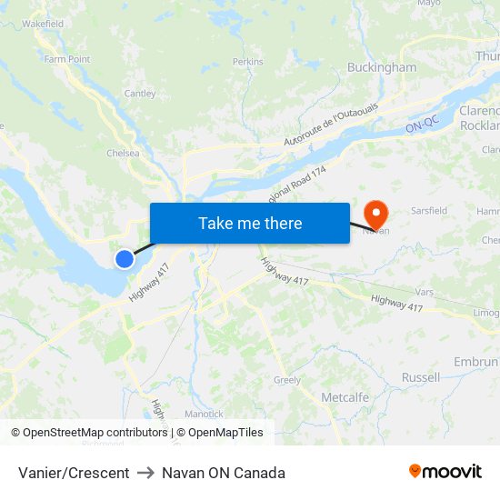 Vanier/Crescent to Navan ON Canada map