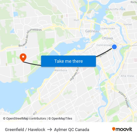 Greenfield / Havelock to Aylmer QC Canada map