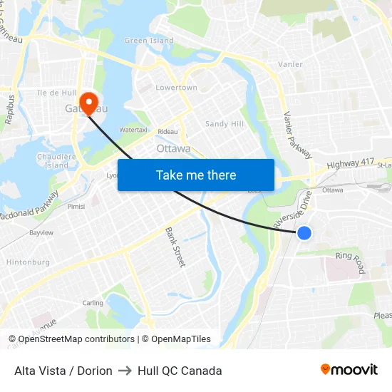 Alta Vista / Dorion to Hull QC Canada map