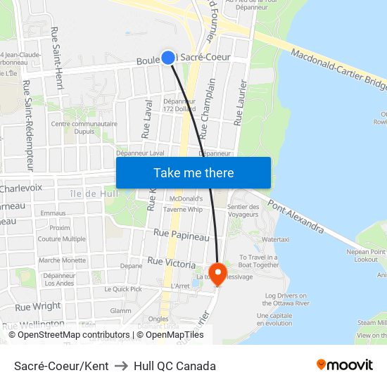 Sacré-Coeur/Kent to Hull QC Canada map