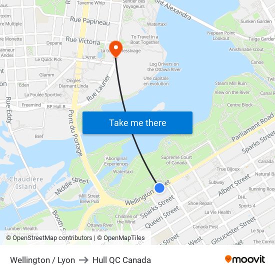 Wellington / Lyon to Hull QC Canada map