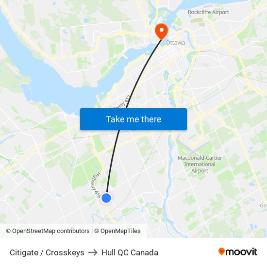 Citigate / Crosskeys to Hull QC Canada map