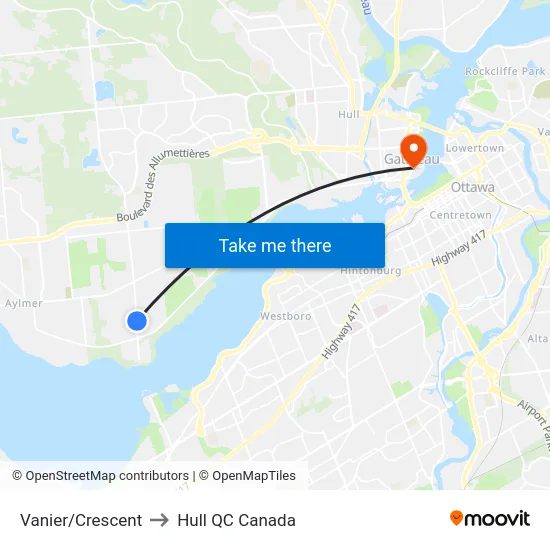 Vanier/Crescent to Hull QC Canada map