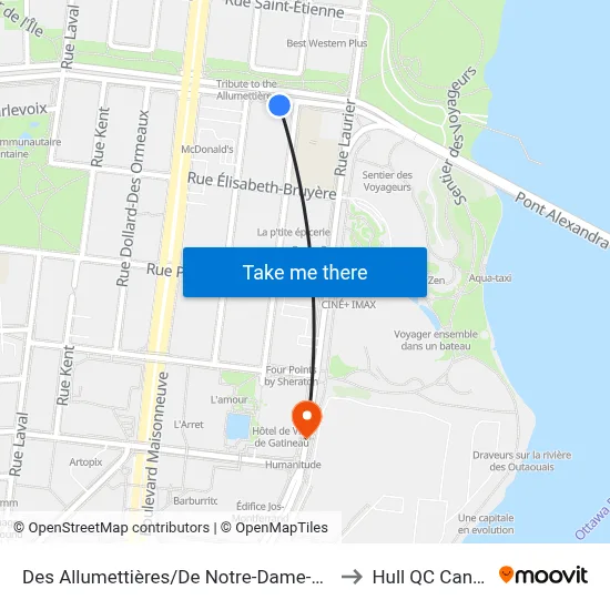 Des Allumettières/De Notre-Dame-De-L'Île to Hull QC Canada map