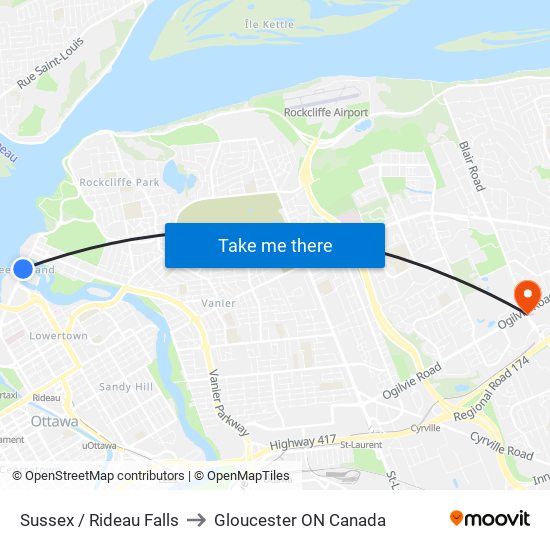 Sussex / Rideau Falls to Gloucester ON Canada map