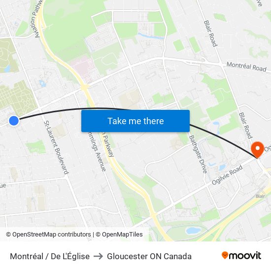 Montréal / De L'Église to Gloucester ON Canada map