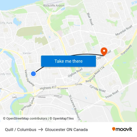 Quill / Columbus to Gloucester ON Canada map