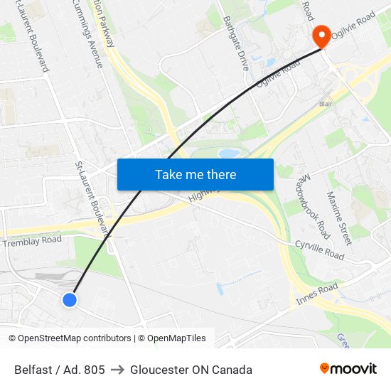 Belfast / Ad. 805 to Gloucester ON Canada map