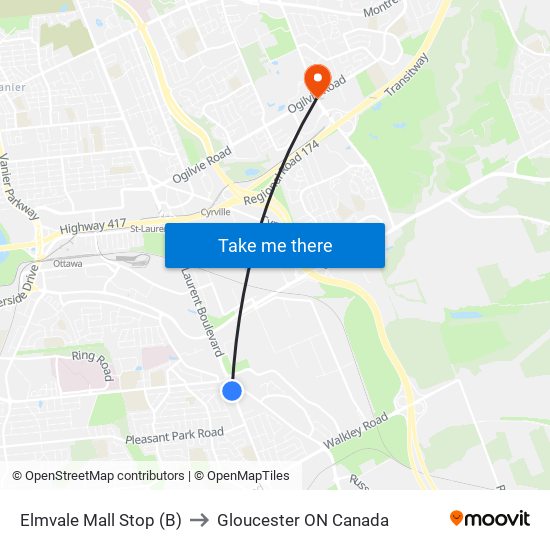 Elmvale Mall Stop (B) to Gloucester ON Canada map