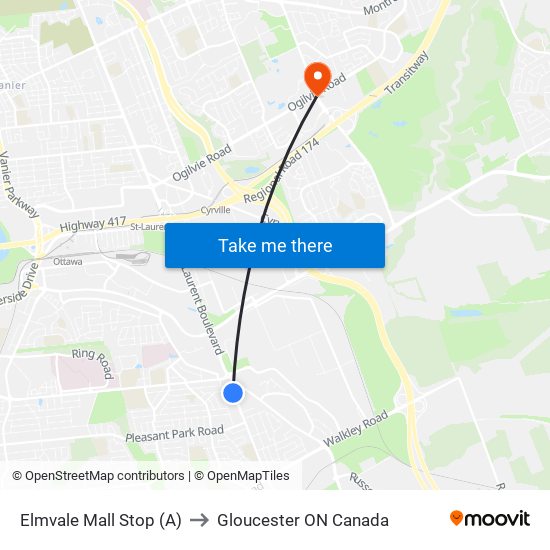 Elmvale Mall Stop (A) to Gloucester ON Canada map