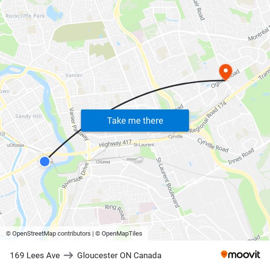 169 Lees Ave to Gloucester ON Canada map