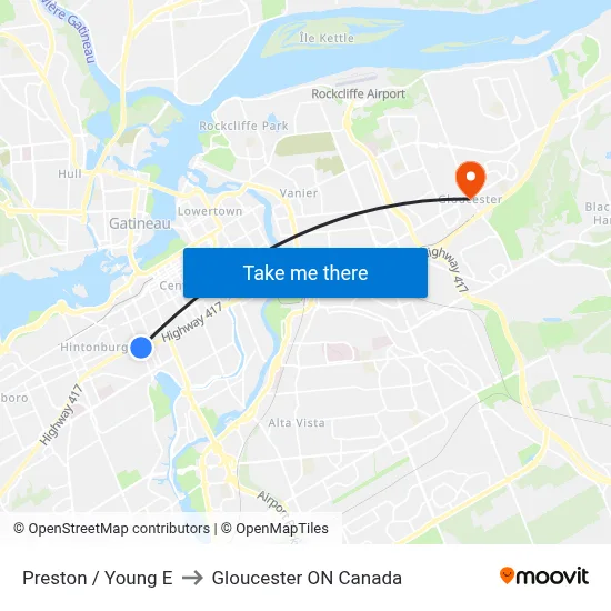 Preston / Young E to Gloucester ON Canada map