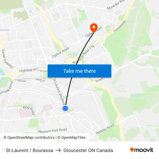 St-Laurent / Bourassa to Gloucester ON Canada map