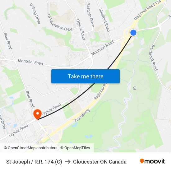 St Joseph / R.R. 174 (C) to Gloucester ON Canada map