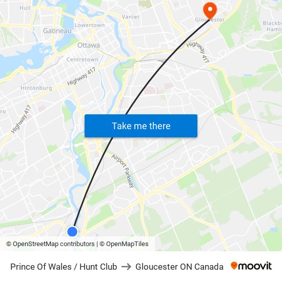 Prince Of Wales / Hunt Club to Gloucester ON Canada map