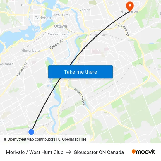 Merivale / West Hunt Club to Gloucester ON Canada map