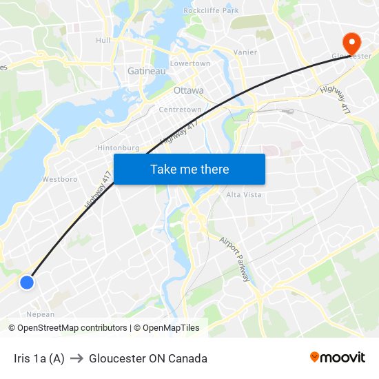 Iris 1a (A) to Gloucester ON Canada map