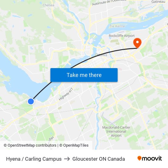 Hyena / Carling Campus to Gloucester ON Canada map
