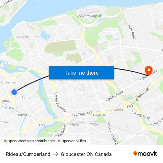 Rideau/Cumberland to Gloucester ON Canada map