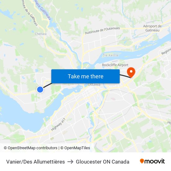 Vanier/Des Allumettières to Gloucester ON Canada map