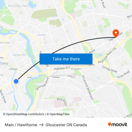 Main / Hawthorne to Gloucester ON Canada map