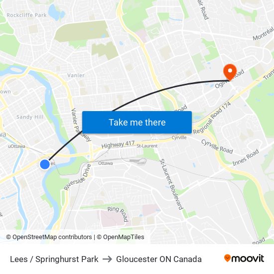 Lees / Springhurst Park to Gloucester ON Canada map