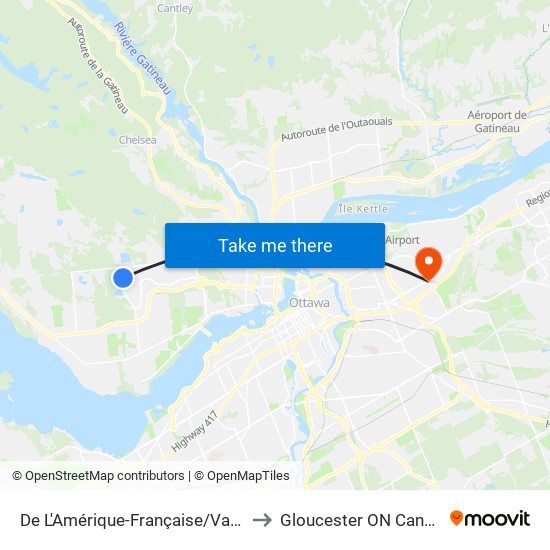 De L'Amérique-Française/Vanier to Gloucester ON Canada map