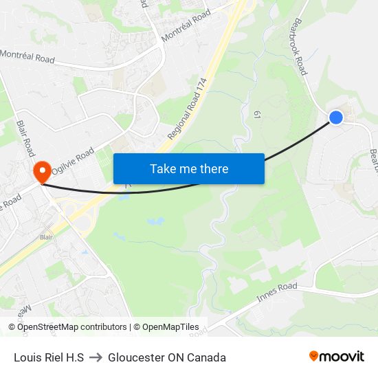 Louis Riel H.S to Gloucester ON Canada map