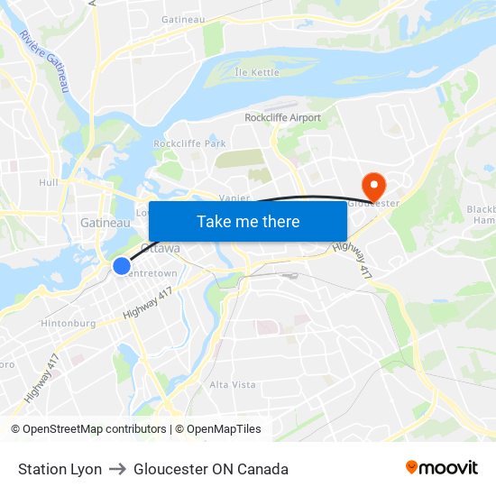 Station Lyon to Gloucester ON Canada map